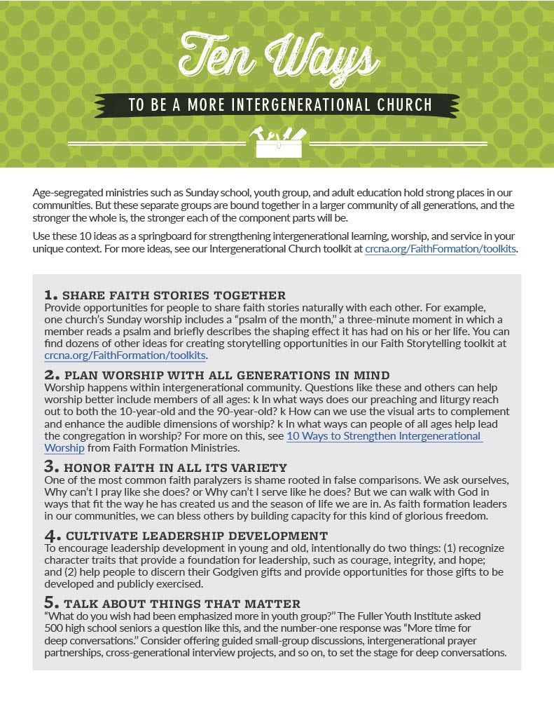 Cover image for Ten Ways to Be a More Intergenerational Church, isbn: 9781620251775