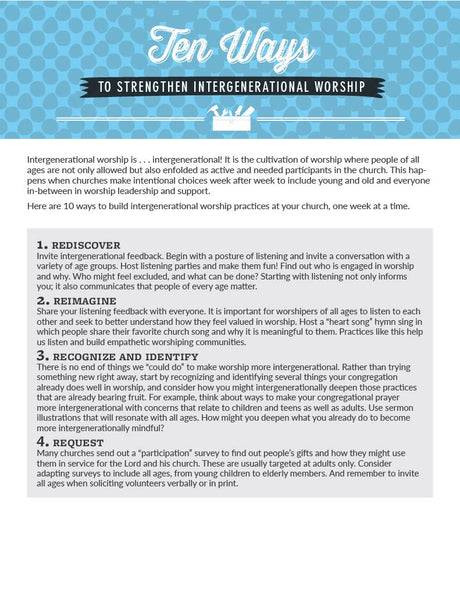 Cover image for Ten Ways to Strengthen Intergenerational Worship, isbn: 9781620251812