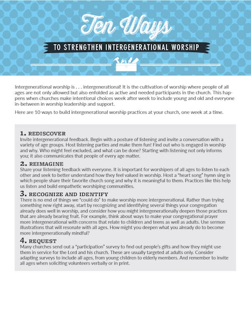 Cover image for Ten Ways to Strengthen Intergenerational Worship, isbn: 9781620251812